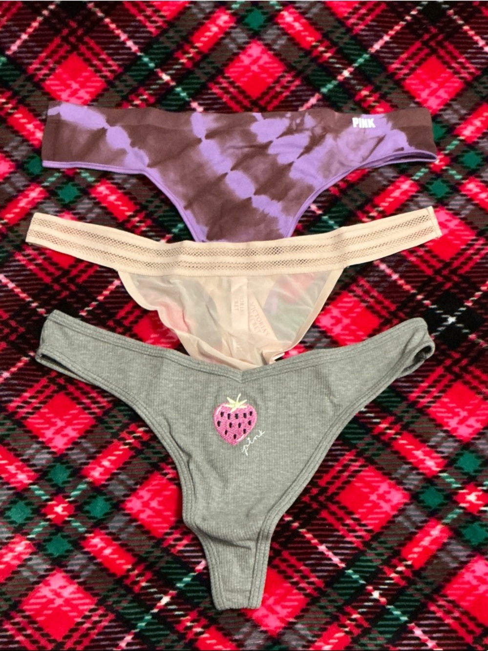 PINK Victoria's Secret Three-Pack Thong Set in Purple, Cream & Gray
